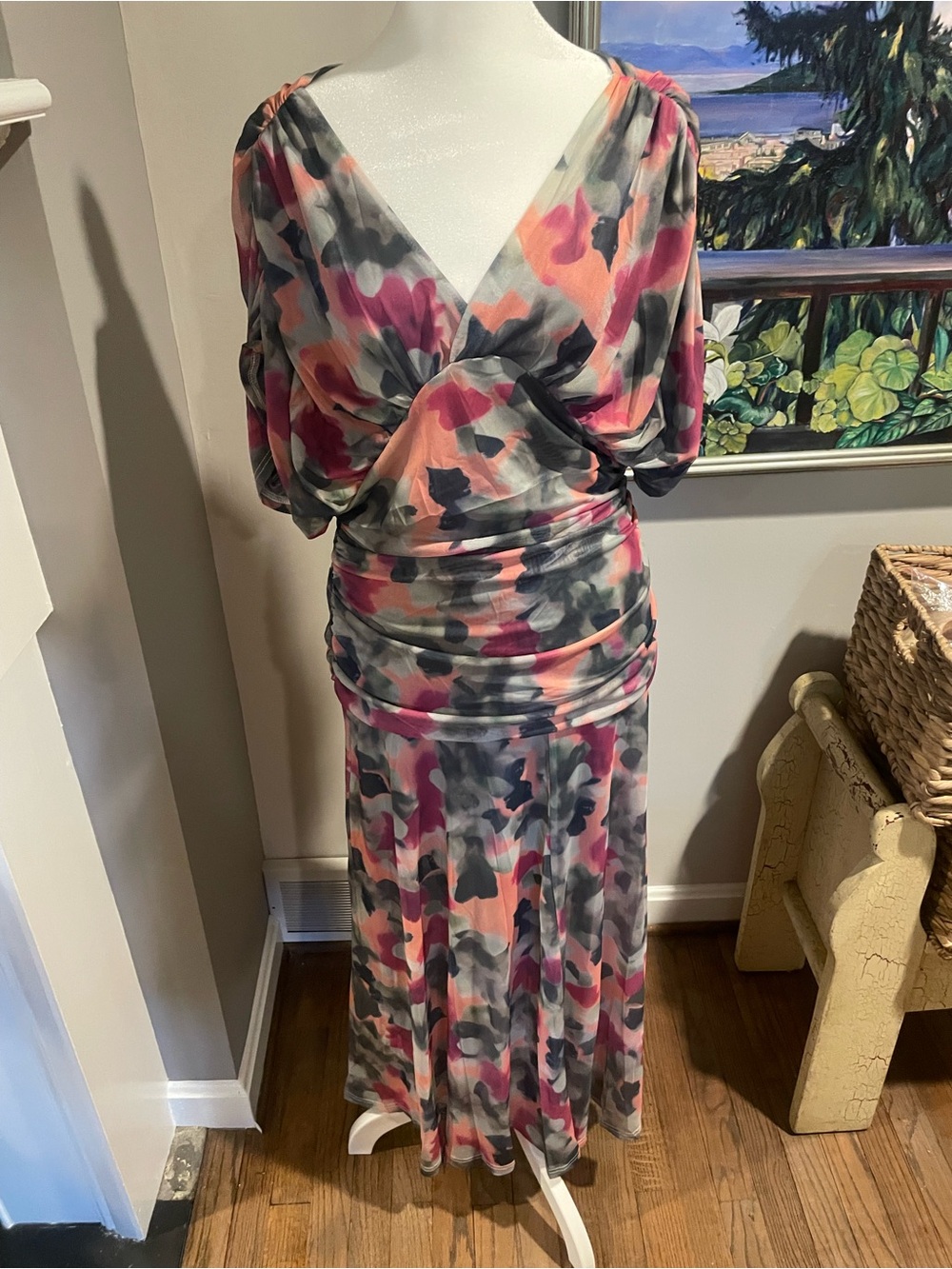 Floral V-Neck Maxi Flowy Dress in Pink and Gray with dropped ruched waist